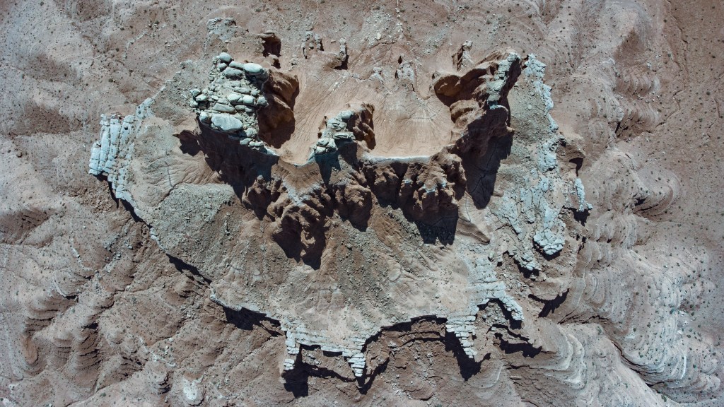 Birds eye view of the "Solomon's Temple" rock formation in the Mussentuchit Badlands, Utah.