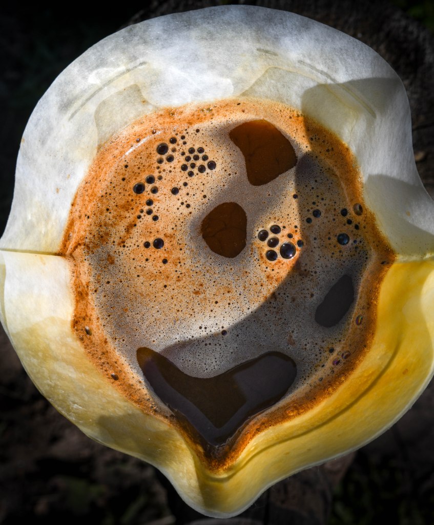 Coffee draining through a filter into a karaff from above.